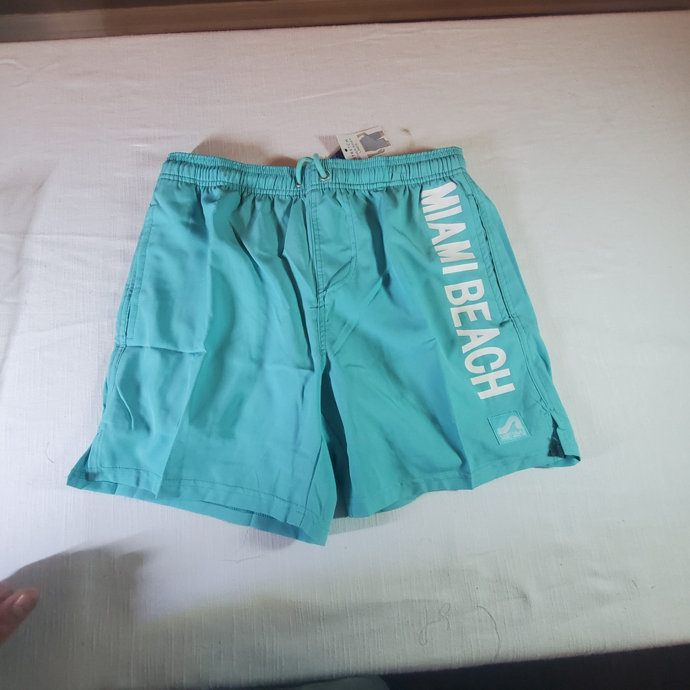 Surf Style Mens XL Swim Trunks Teal Blue Miami Beach Graphic Shorts NWT 5.5"
